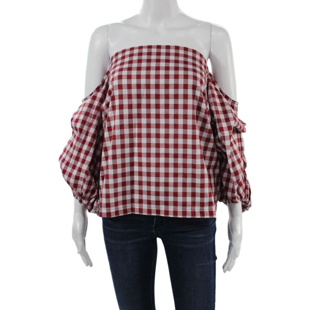 MLM Label Women Red Check Square Neck Long Sleeve Classic Blouse Size XS